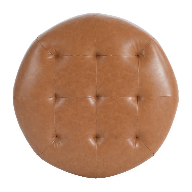 Small Button-Tufted PU Round Ottoman - Orange Brown Space-Saving Design
