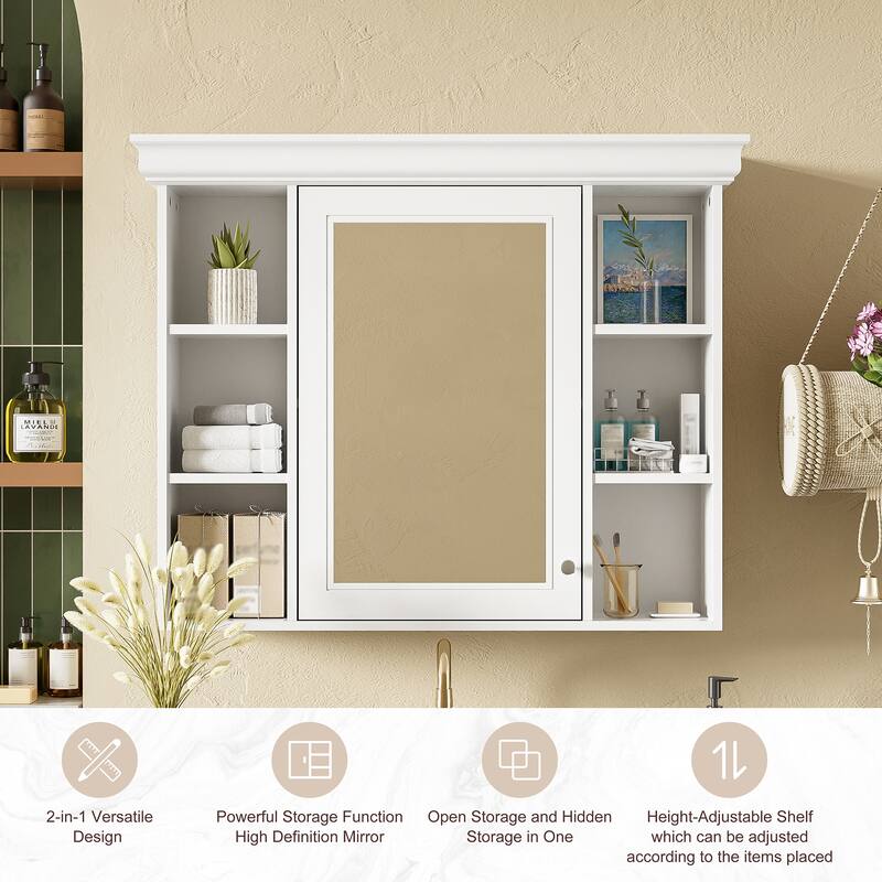 GDFStudio - Valence Modern Wall-Mounted Bathroom Storage Cabinet with Mirror and Open Shelves - 35'' x 28''