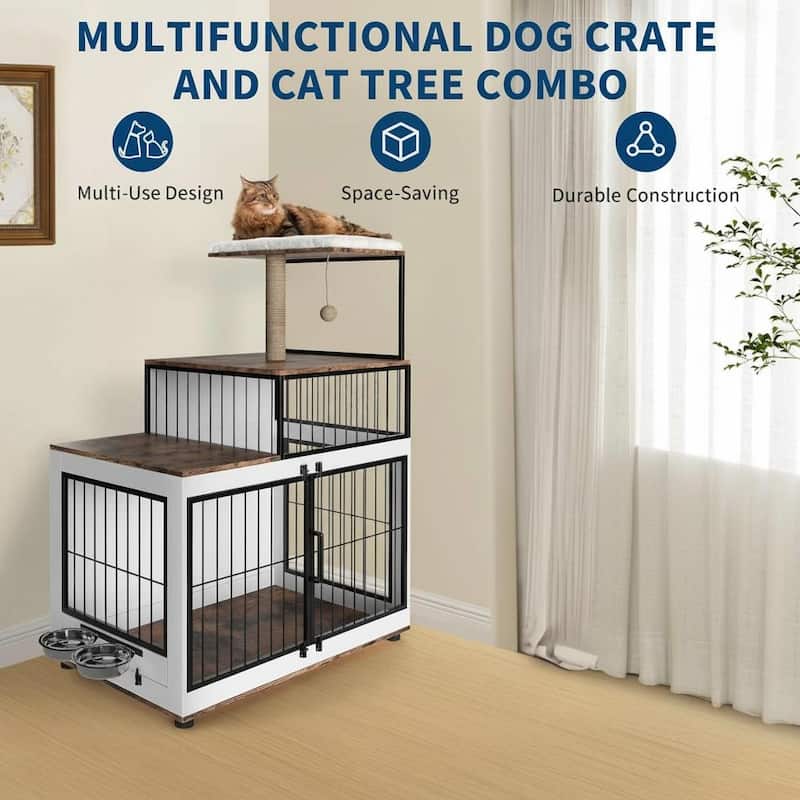 Multi-Functional Dog Crate, with Cat Scratching Post - White