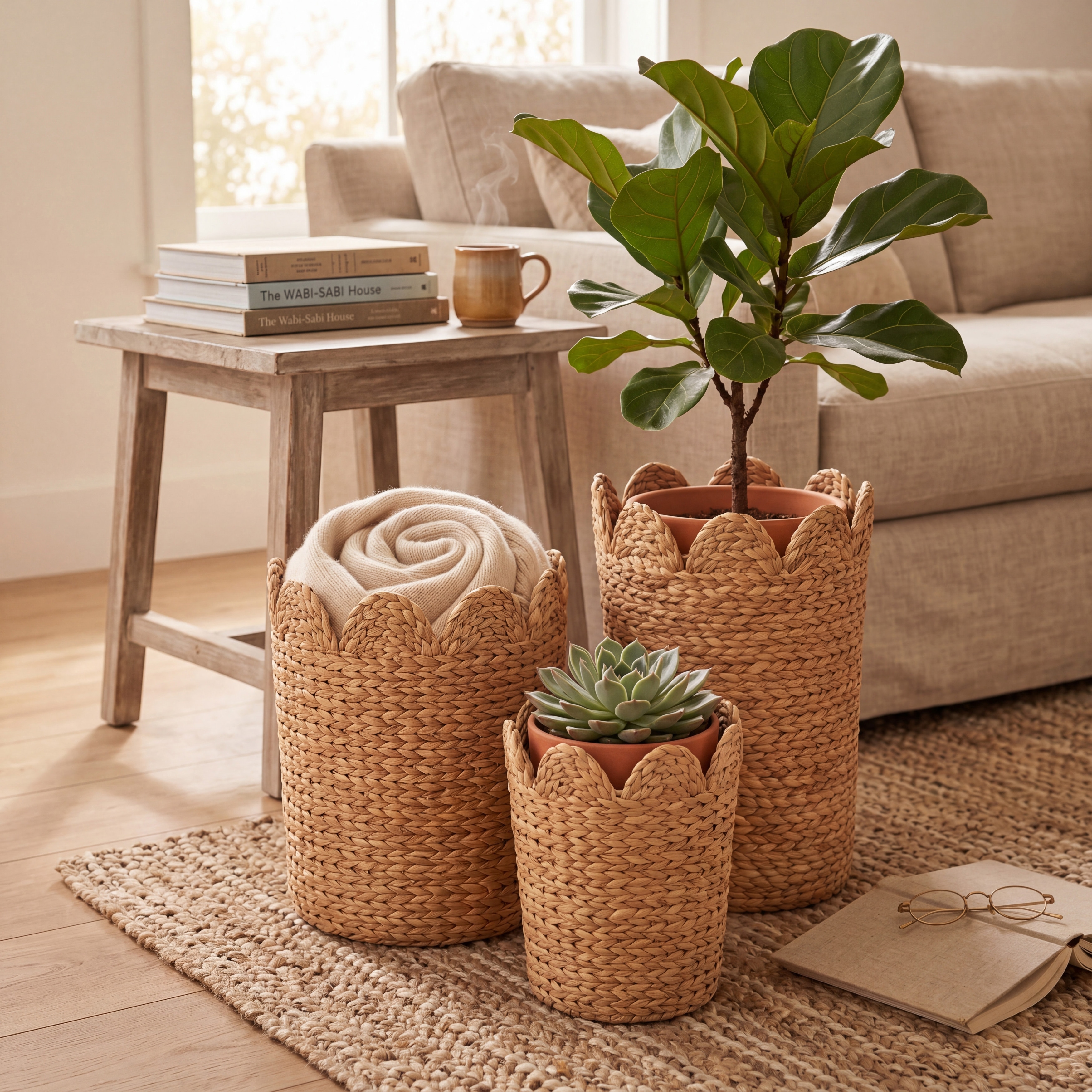 Roche River Decor - Seagrass Handmade Woven Storage Basket with Wavy Edges - Set of 3 Brown