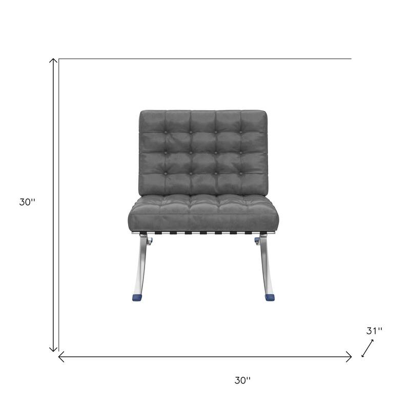 HomeRoots 30" Dark Gray and Silver Faux Leather and Stainless Steel Folding Lounge Chair - 30.00 in. x 30.00 in. x 31.00 in.