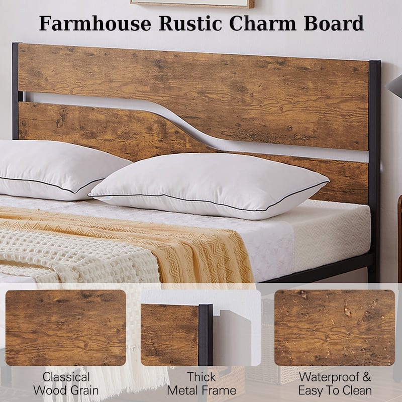 Javlergo Metal Platform Bed Frame with Wooden Headboard and Footboard Farmhouse Rustic Platform Bed Frame No Box Spring Needed