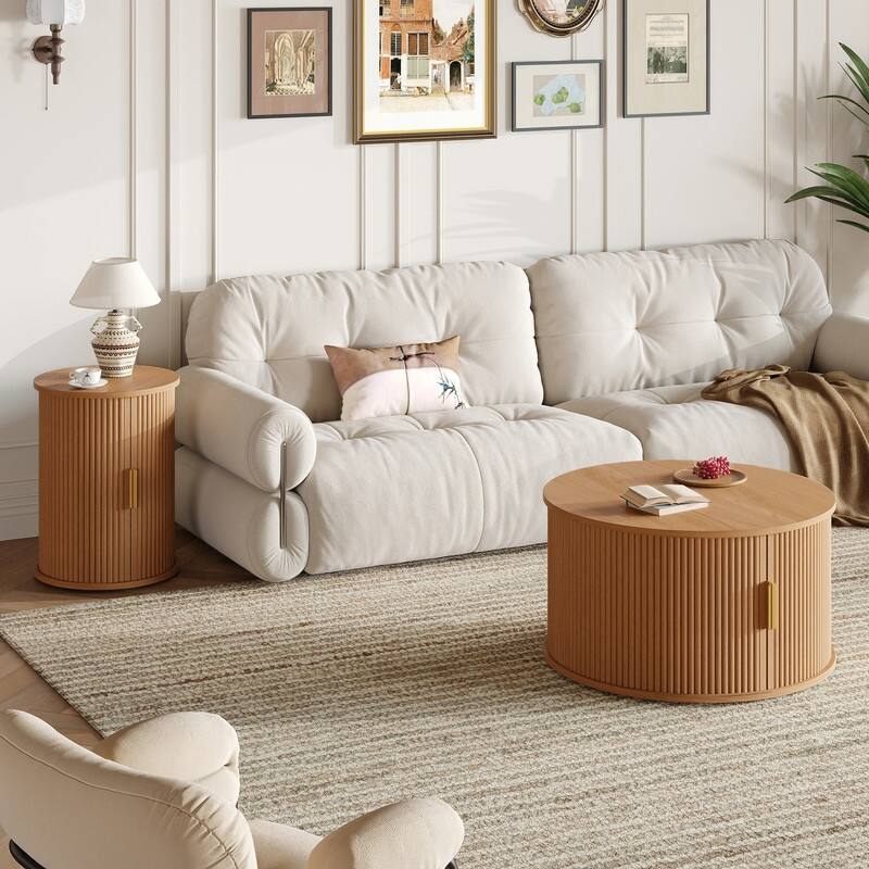 Mid Century Modern 74.8" TV Stand & Coffee Table Set for TVs up to 75", Wooden Media Console with Fluted Sliding Doors