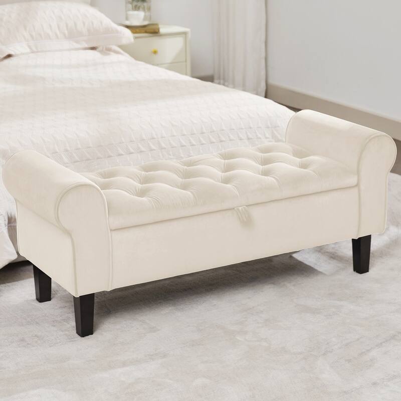 Velvet Storage Bench With Rubber Wood Legs for Bedroom - Beige