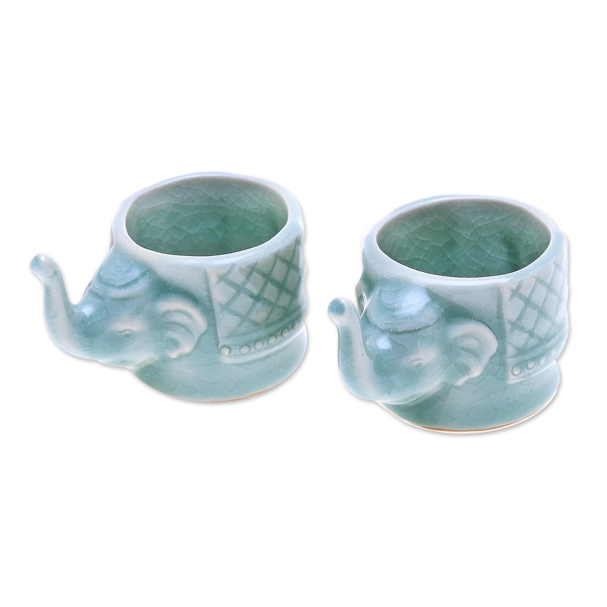 Novica Handmade Elephant Essence In Aqua Celadon Ceramic Teacups (Pair
