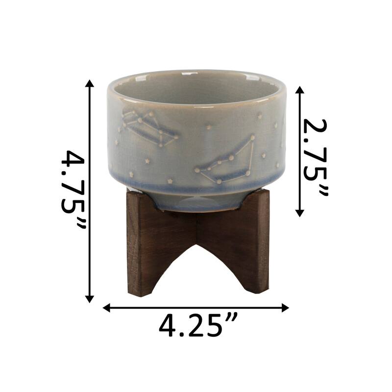 Mid-Century 4" Constellation Ceramic Pot on Wood Stand,Ivory