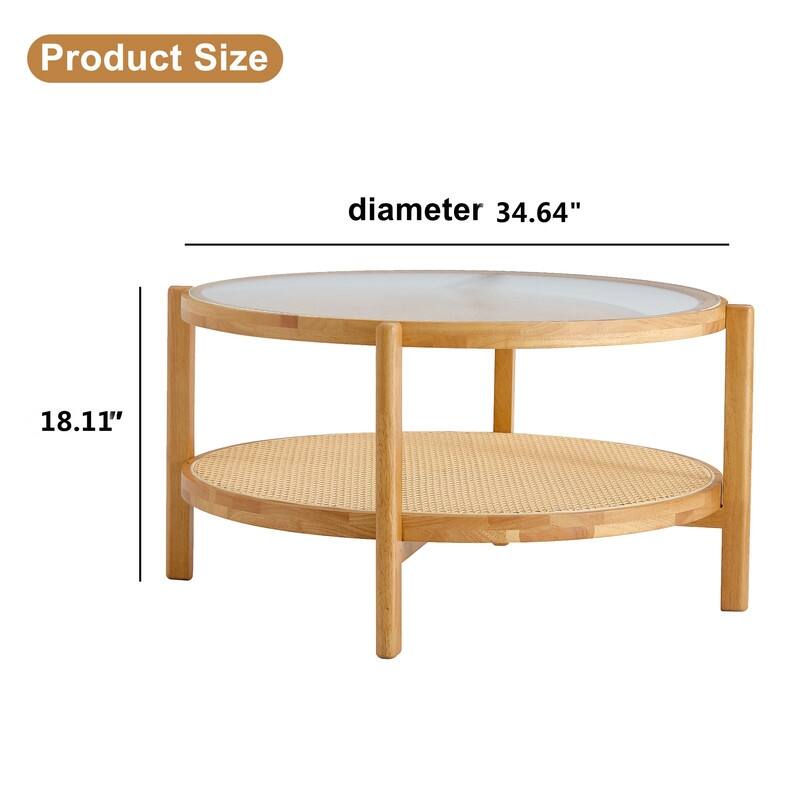 Solid Wood Round Coffee Table with Rattan Woven Shelf