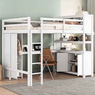 Full Size Wood Loft Bed with Desk, Bookshelf & Adjustable Wardrobe for Kids, White