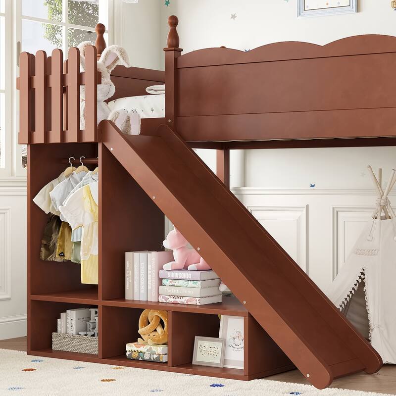 Twin Loft Bed with Storage Shelves and Wardrobe, Solid Wood Loft Beds with Detachable Slide and Ladders, No Spring Box Needed