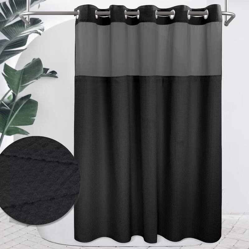 Cotton Blend Honeycomb Waffle Weave Shower Curtain with Snap-in Liner - 71"Wx74"L - Black