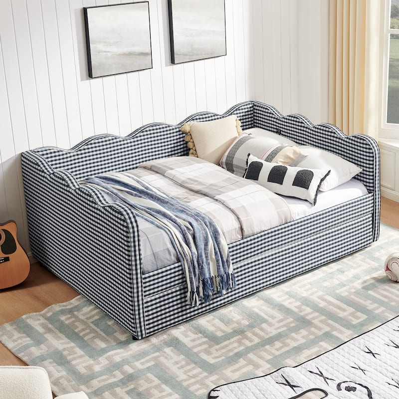 Full Size Gingham Daybed with Twin Trundle, USB Port, Wave Shaped Design & Linen Fabric - No Box Spring Needed