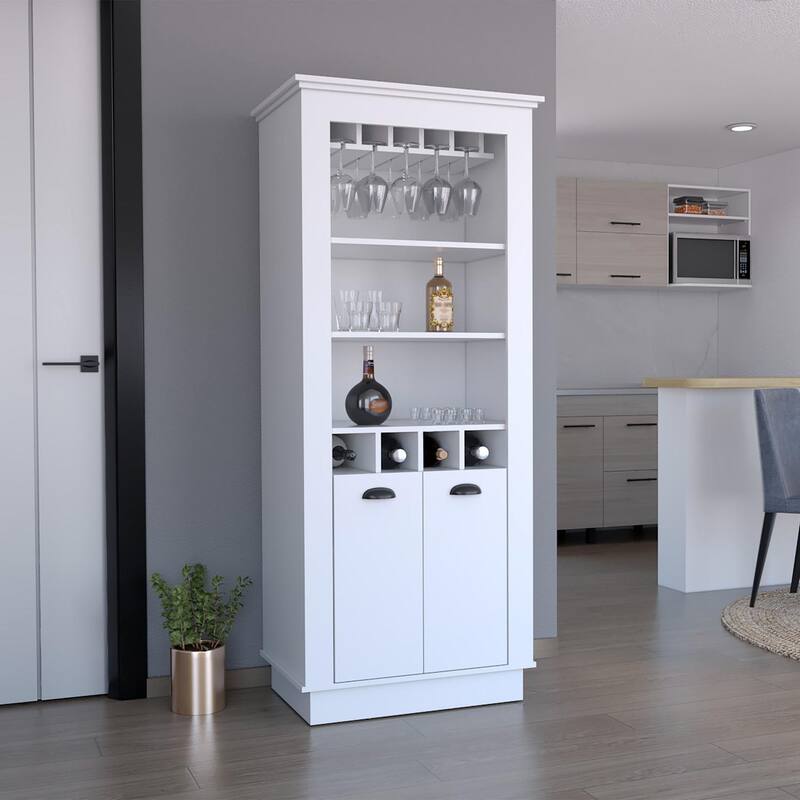 Lafayette Bar Cabinet, Upper Glass Holder and Dual Door Design - Laminate - White