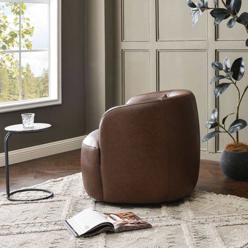 KINWELL 34" Wide Swivel Faux Leather Barrel Armchair Upholstered PU Leather Accent Chairs for Living Room Office Lounge