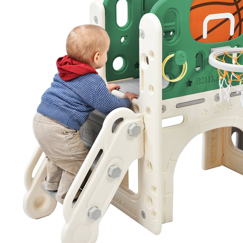 Climbing Crawling Playhouse Freestanding Arch Tunnel With Slide Ring Toss Basketball Hoop Toy Storage Organizer