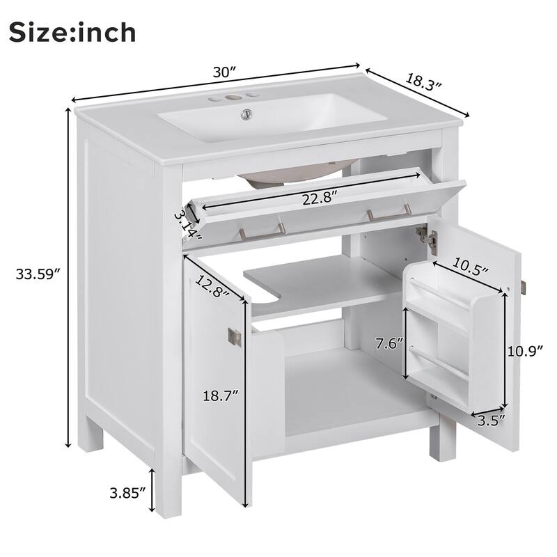 30-Inch Bathroom Vanity with Ceramic Sink, Soft-Close Doors, Shelf & Drawer - Modern Freestanding Cabinet