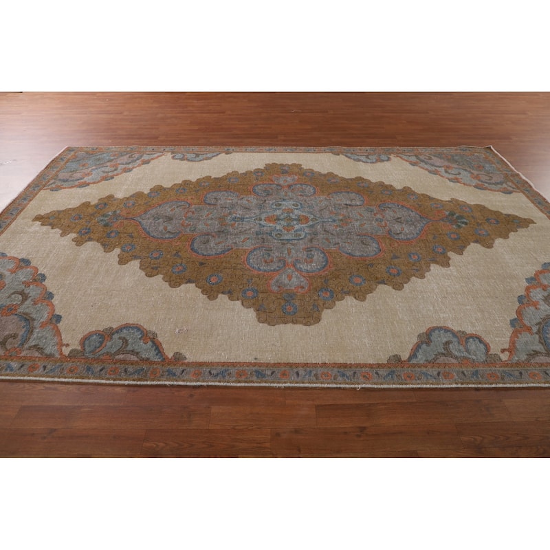 Distressed Tabriz Persian Antique Rug Hand-Knotted Wool Carpet - 7'1" x 10'11"