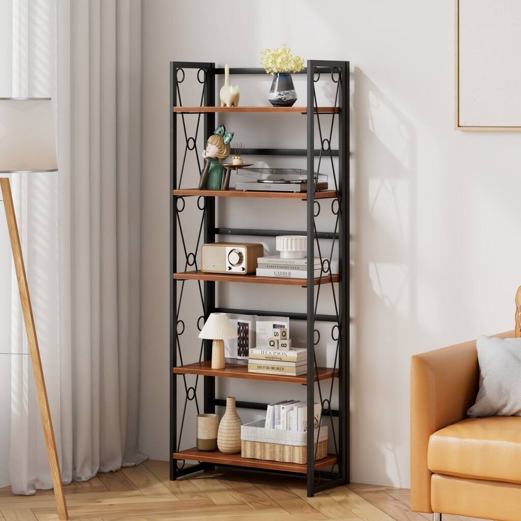 VECELO 62" Foldable 5-Tier Bookshelf Space Saving Tall Open Bookcase with MDF Shelves for Living Room Home Office Kitchen