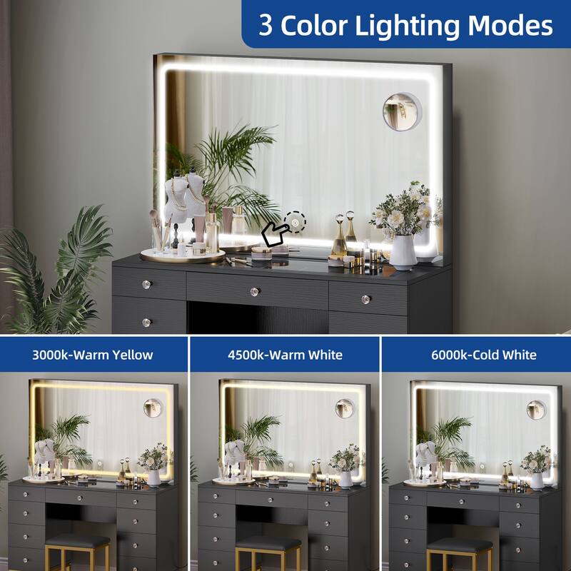 Moasis 45.2'' Vanity Desk Set with LED Lights Mirror & Charging Station