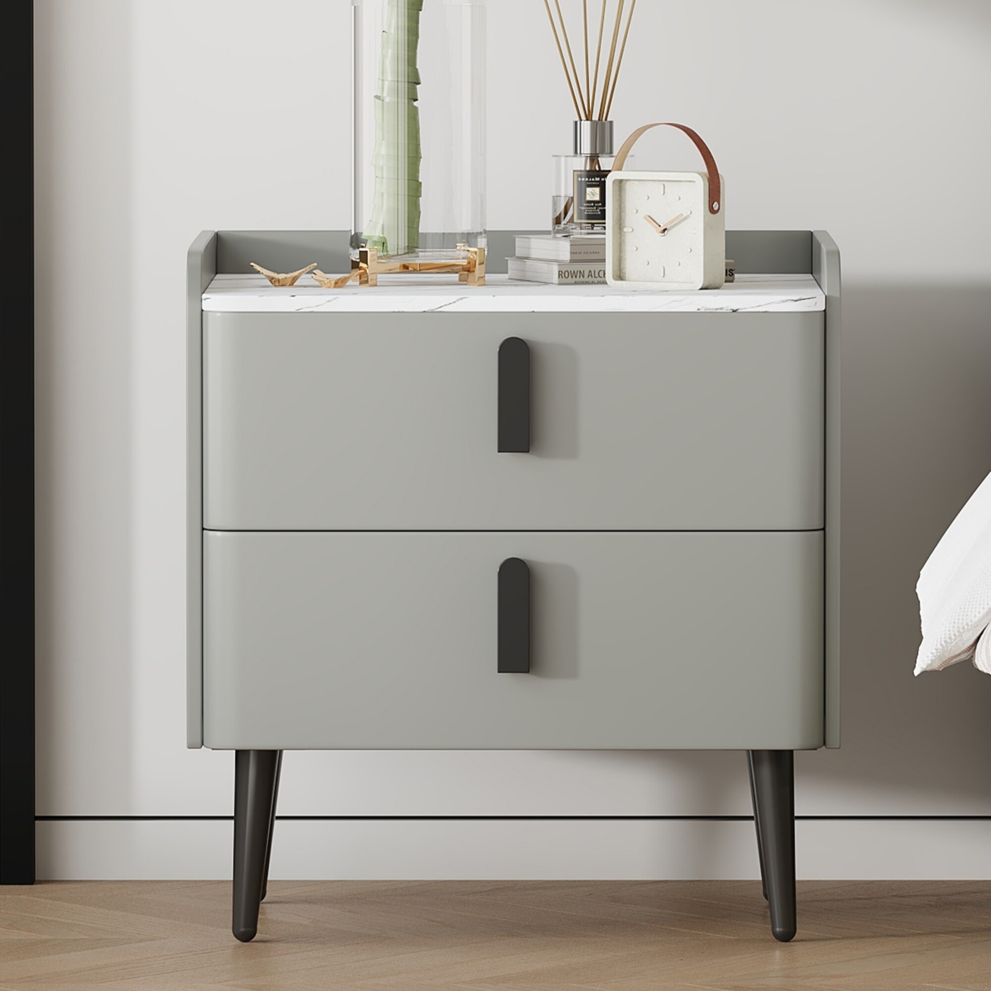 Modern Nightstand with 2 Drawers and Marble-Pattern Tabletop