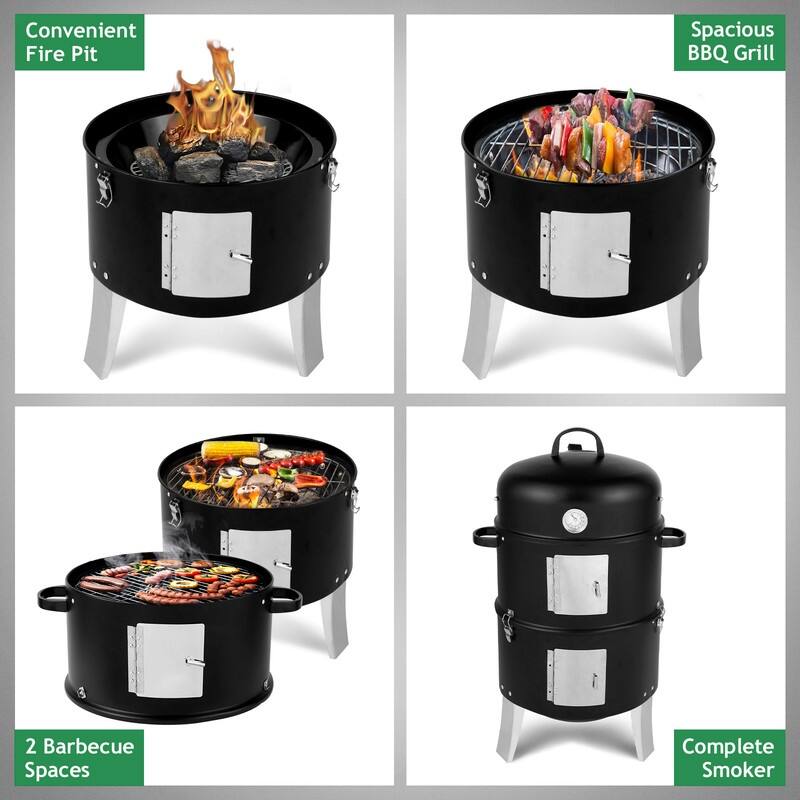 Black Metal Charcoal Smoker With Double Layer Round BBQ Grill