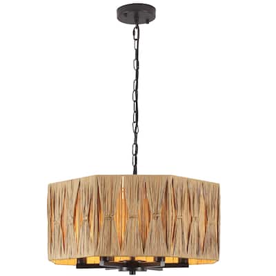18.89-inch Hawaiian-style 6-light metal chandelier with imitation raffia lampshades and adjustable height
