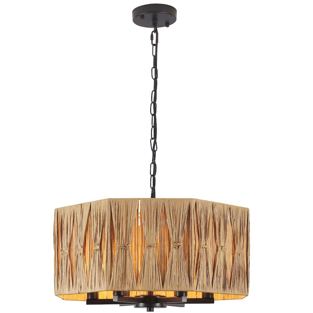 18.89-inch Hawaiian-style 6-light metal chandelier with imitation raffia lampshades and adjustable height
