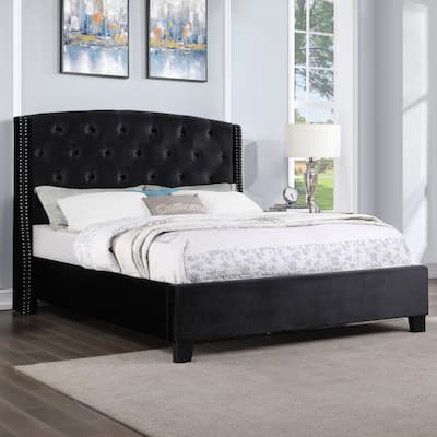 Roundhill Furniture Summit Wingback Tufted Upholstered Bed with Nailhead in Black
