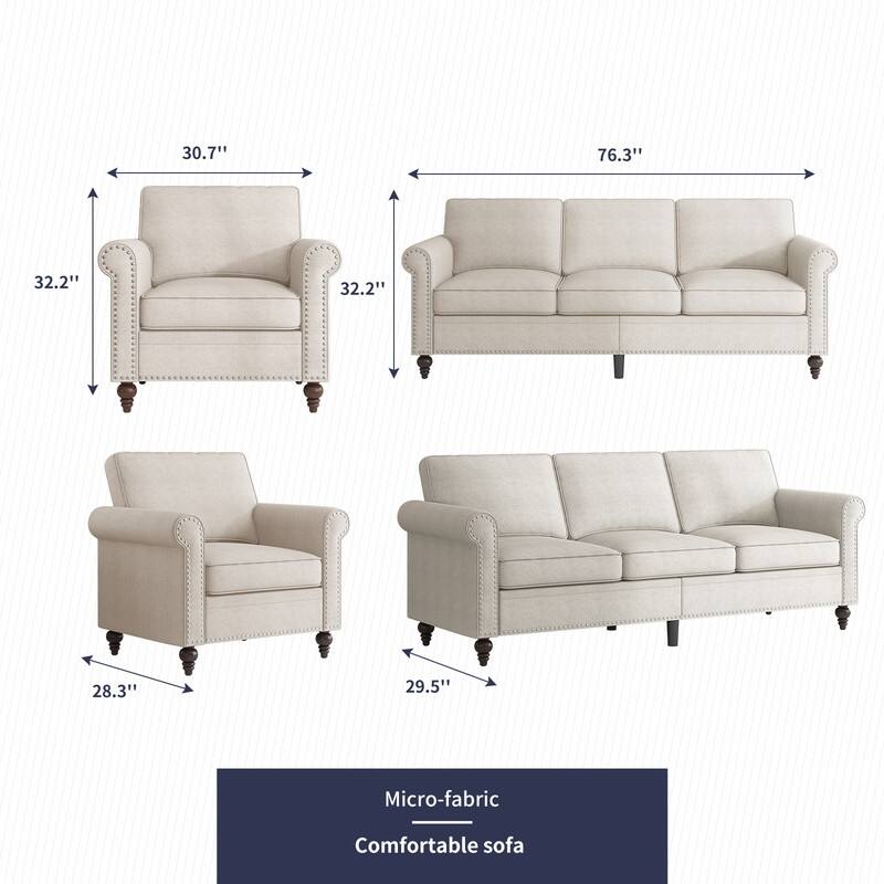 Mixoy 2 Piece Living Room Sofa Set with Rivet Design,Linen 3-Seater Sofa Couch,Loveseat Sofa/Single Sofa Chair