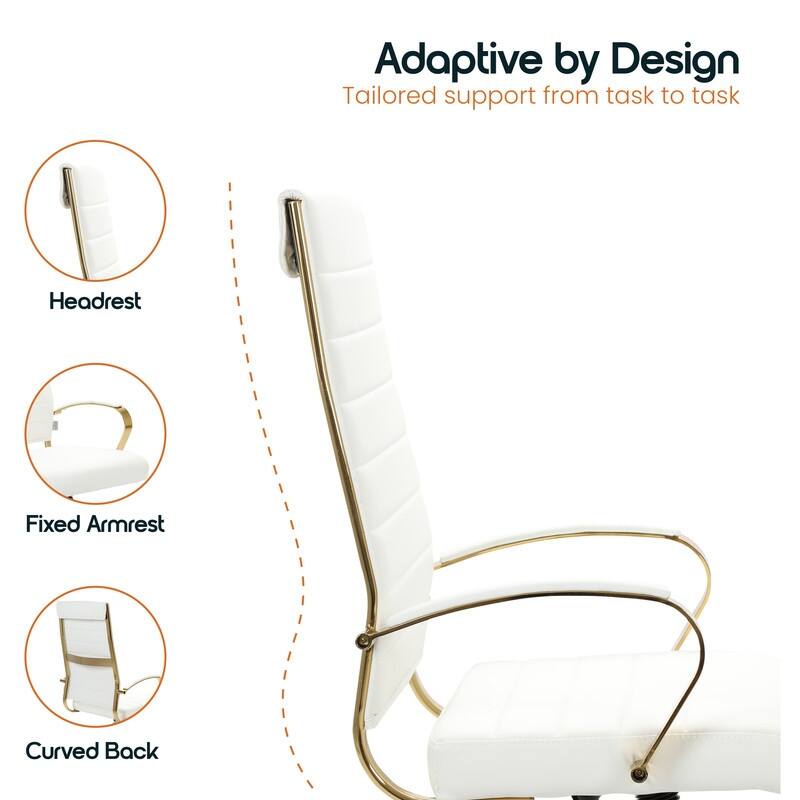 Benmar High-Back Leather Office Desk Chair in Brushed Gold Steel Frame Cushion Padded Armrests Tilt Lock Swivel Ergonomic Chair