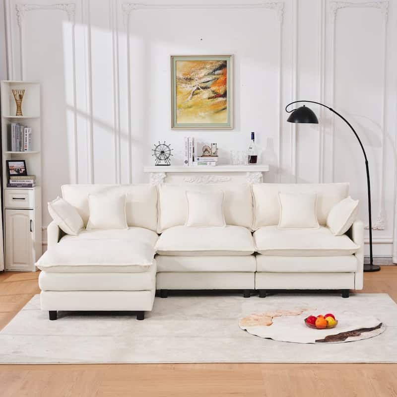 101.9" L-shaped Cashmere Sectional Sofa with Pillows and Movable Ottoman - Beige