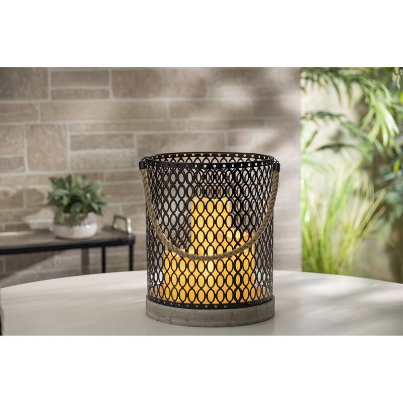11.81 in H Wood Lantern with a Black Metal Cylinder with 3 Candles
