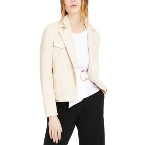 INC Womens Jacket White Sand Large Moto Faux-Leather One-Button