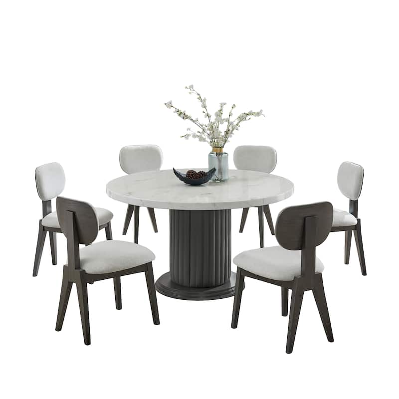 Valencia 7-Piece 54" Round White Faux Marble Dining Set with Gray PVC Upholstered Pedestal Base & Light Gray Fabric Chairs