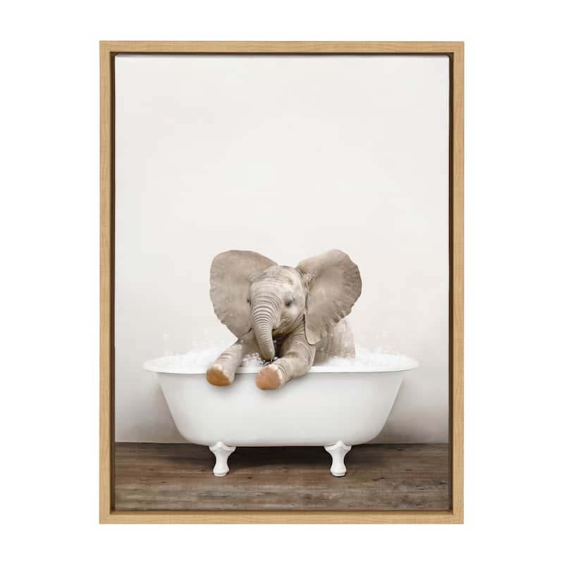 Kate and Laurel Baby Elephant Bath Framed Canvas by Amy Peterson