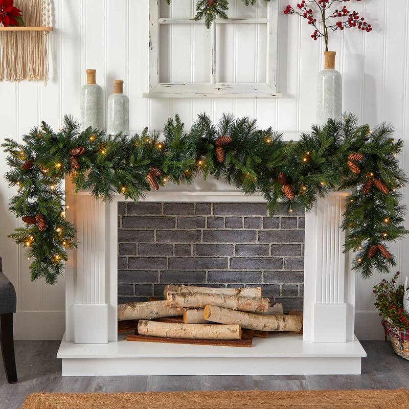 9Ft Christmas Garland with Lights - Artificial Pine & Pinecone Decor - Holiday Home Decor - 108