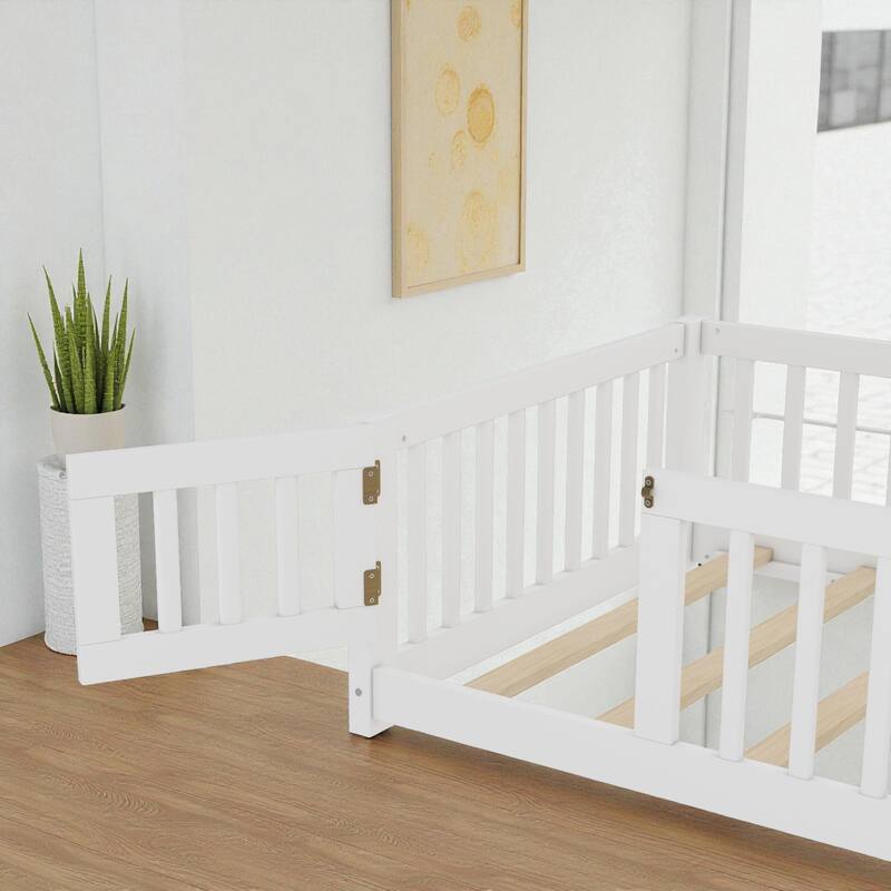 Twin/Full/Queen Size Wood Floor Bed with Door and Guardrails for Kids, Montessori Bed with Removable Slats