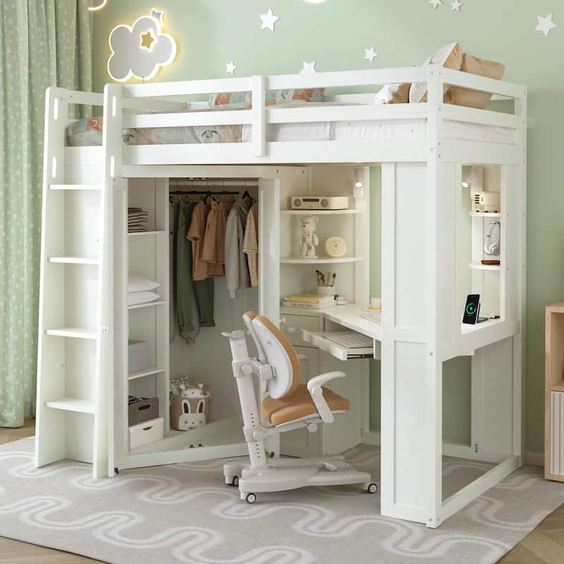 Twin Loft Bed with Integrated Wardrobe, Desk, Charging Station & Spotlights