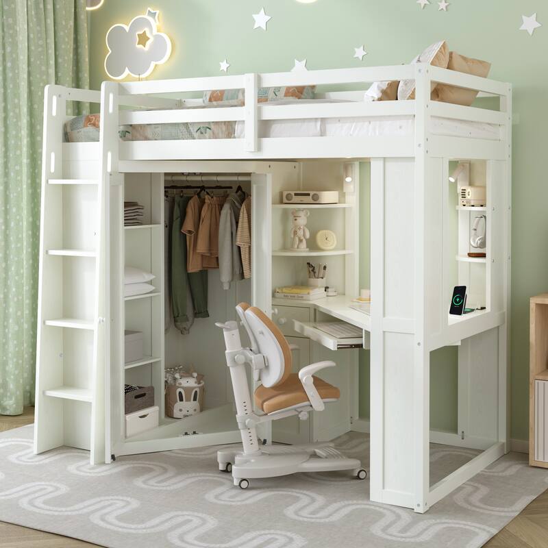 Twin Loft Bed with Integrated Wardrobe Desk Keyboard Tray Charging Station