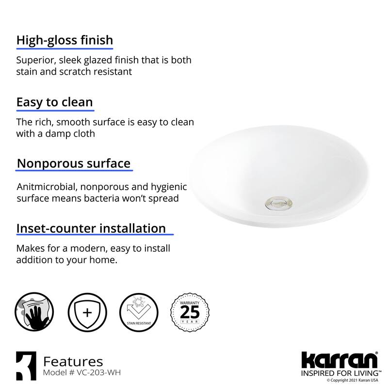 Karran Valera 18" Top Mount Vitreous China Bathroom Sink in White
