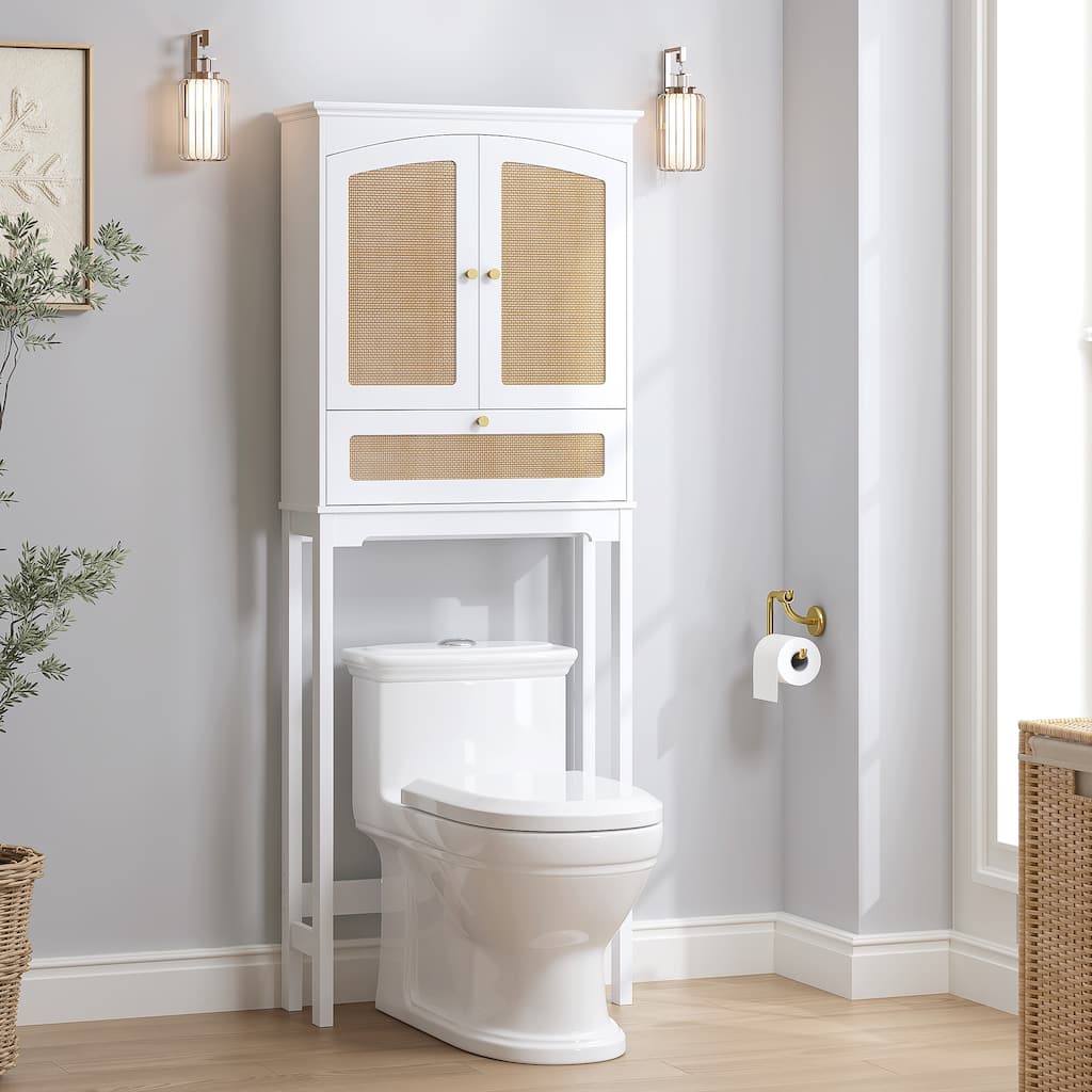 COSTARS Rattan Over Toilet Cabinet: Bathroom Storage with Tilt-Out Cube & Adjustable Shelf