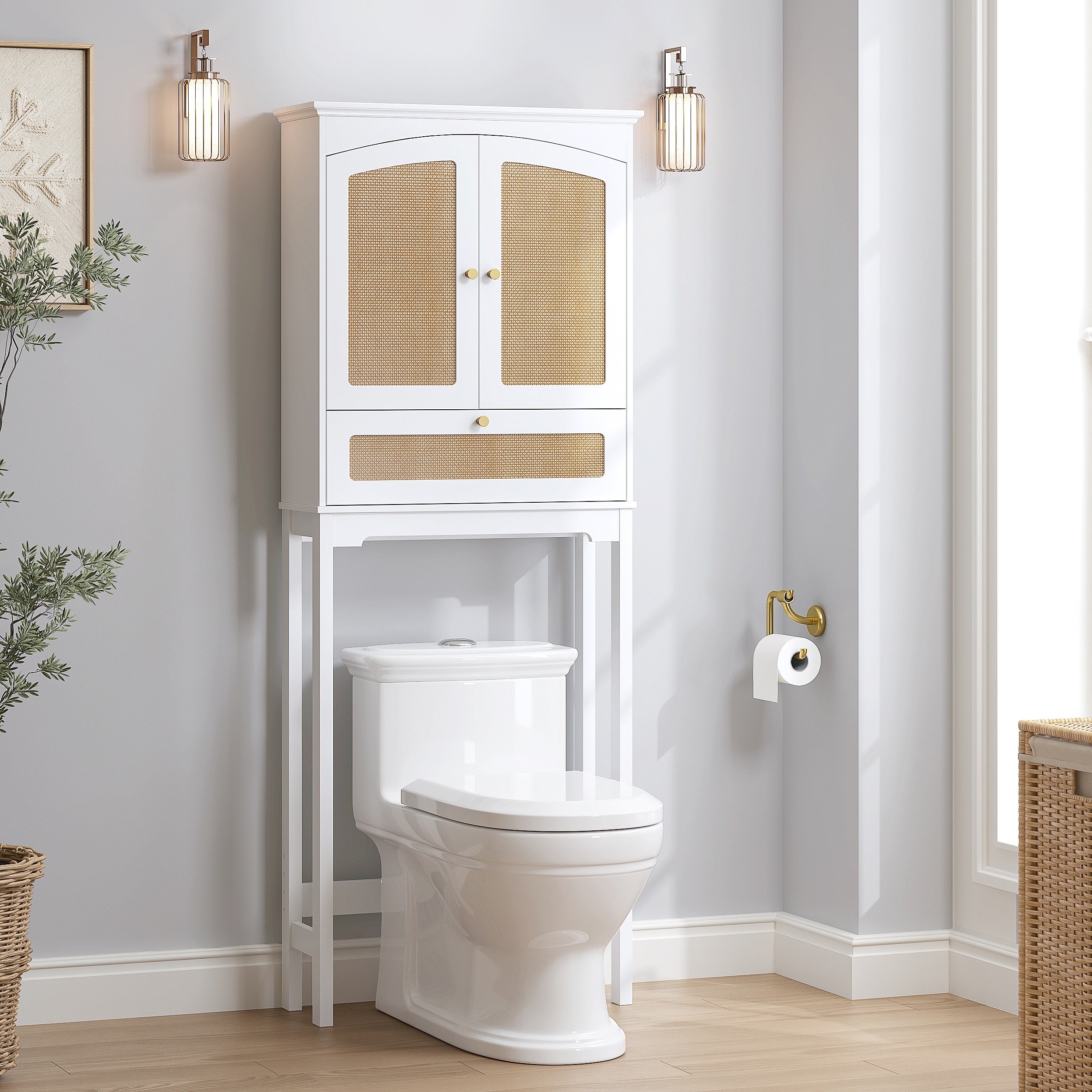 COSTARS Rattan Over Toilet Cabinet: Bathroom Storage with Tilt-Out Cube & Adjustable Shelf