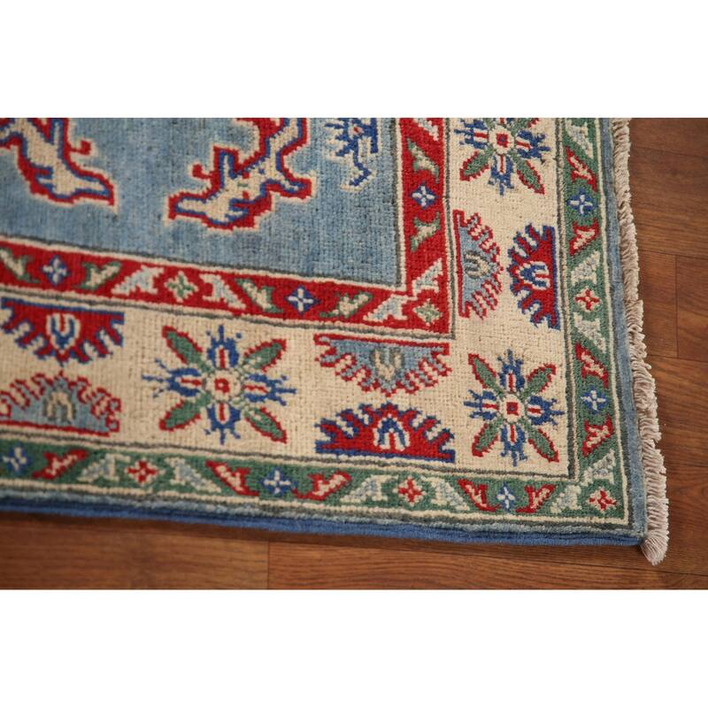Light Blue Geometric Kazak Oriental Rug Hand-Knotted Wool Carpet - 3'4"x 4'10"