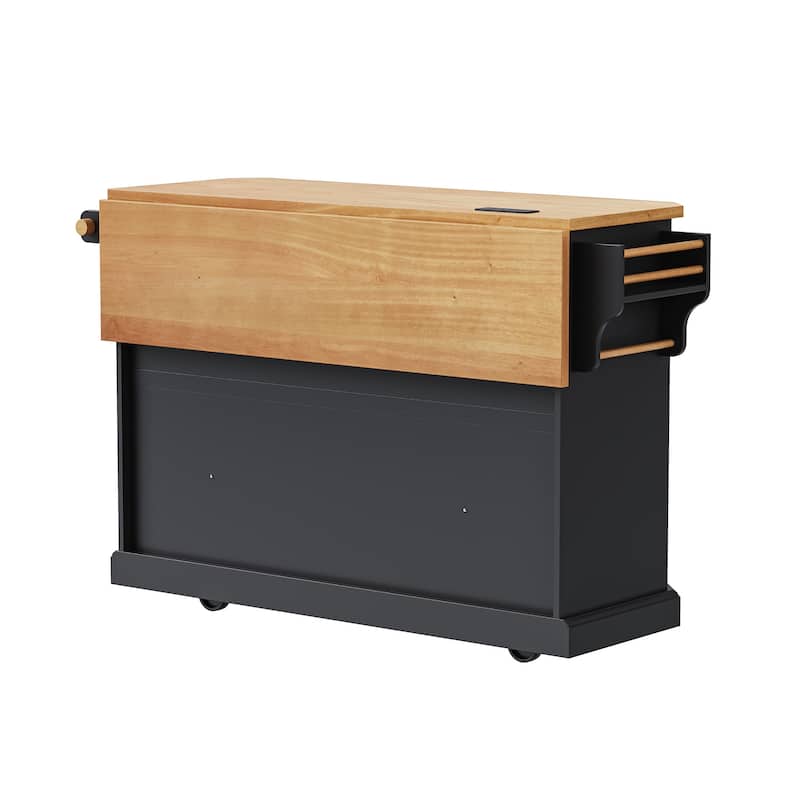 56" Rolling Kitchen Island with Storage Cabinet, Vertical Stripe Mobile Kitchen Cart Island Table with Power Outlet