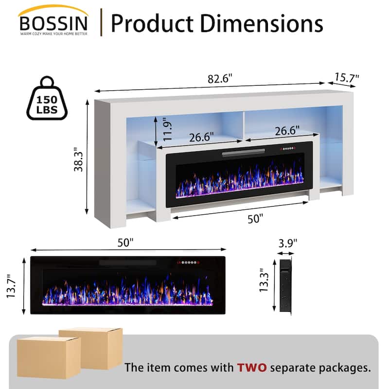 BOSSIN 82" Electric Fireplace TV Stand Entertainment Center, High Gloss with LED Lights, Holds TVs Up to 90 Inches, White