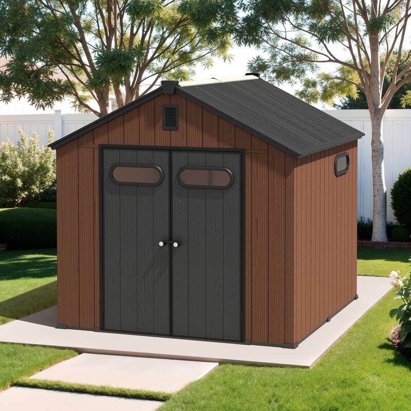 8X8 FT All-Weather Waterproof Outdoor Resin Storage Shed Windows Lockable Door with Floor for Patio Furniture and Tools