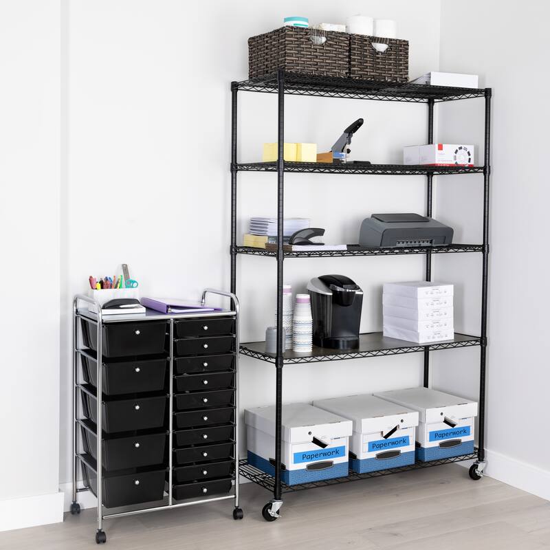 UltraDurable 5-Tier Adjustable Steel Wire Shelving with Wheels, 48" W x 18" D x 72" H, Black