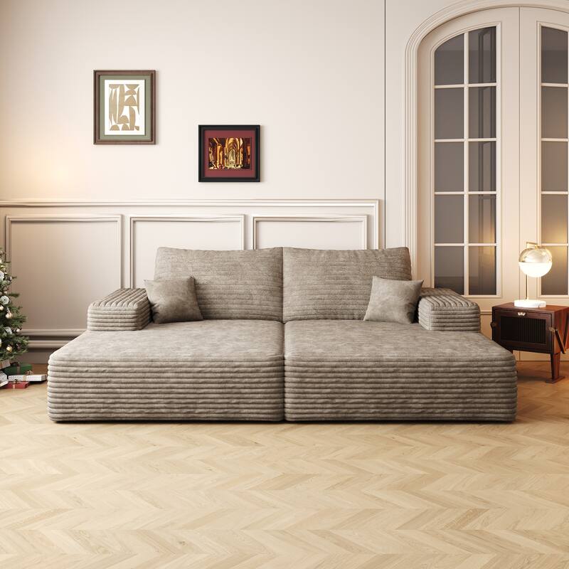 74.8" Modern Sofa Bed with Dual Sleeper, Camel Plush Corduroy, No Assembly