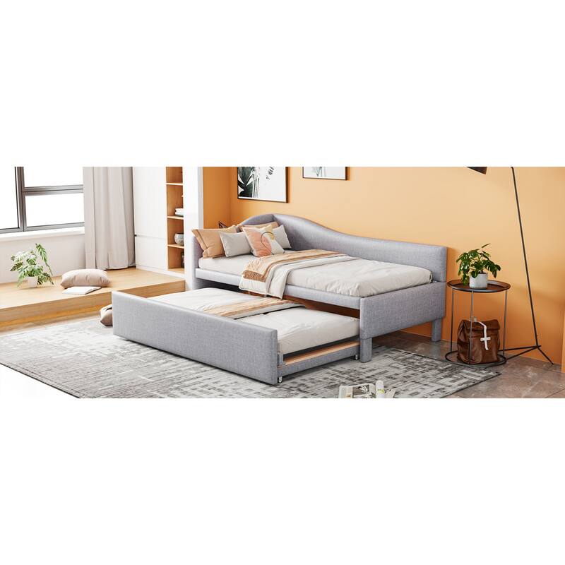 Roomfitters Twin Size Upholstered L-Shaped Daybed with Pop Up Trundle, Space Saving Fabric Sofa Bed Frame with Slats