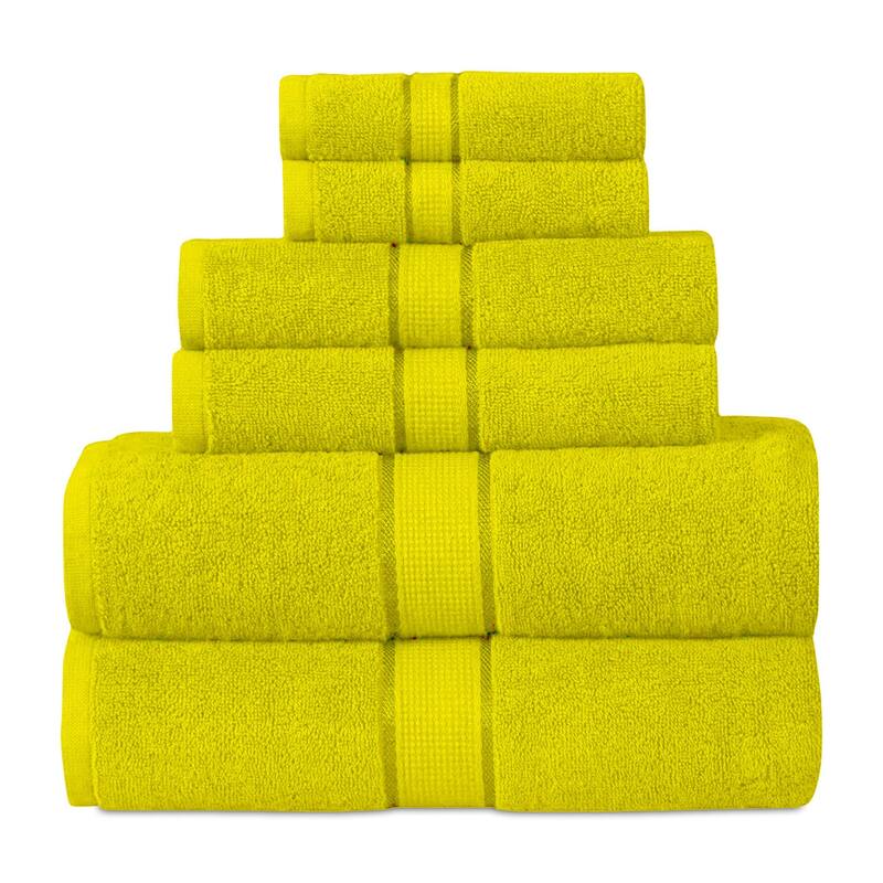 Luxurious 100% Cotton Absorbent 600 GSM 6 Piece Bathroom Towel Set 2 Washcloths, 2 Hand Towels, 2 Bath Towels - Yellow