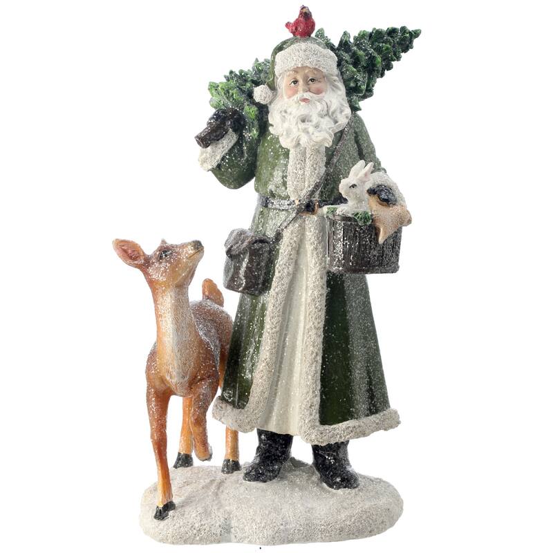 14" Green Brown Glittered Forest Trail Santa Deer Christmas Tabletop